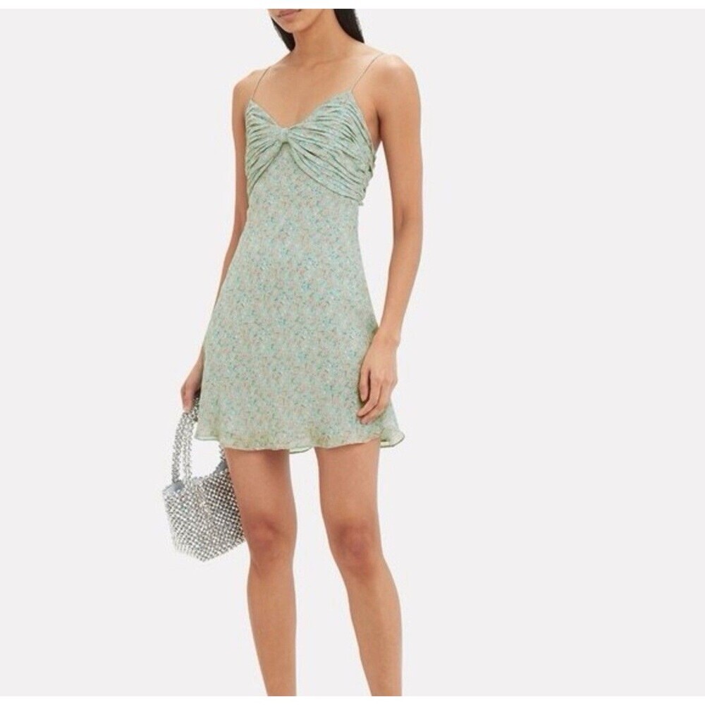 DIVINE HERITAGE Mini Dress LARGE Floral Printed Sage Slip Green Ruched Spaghetti